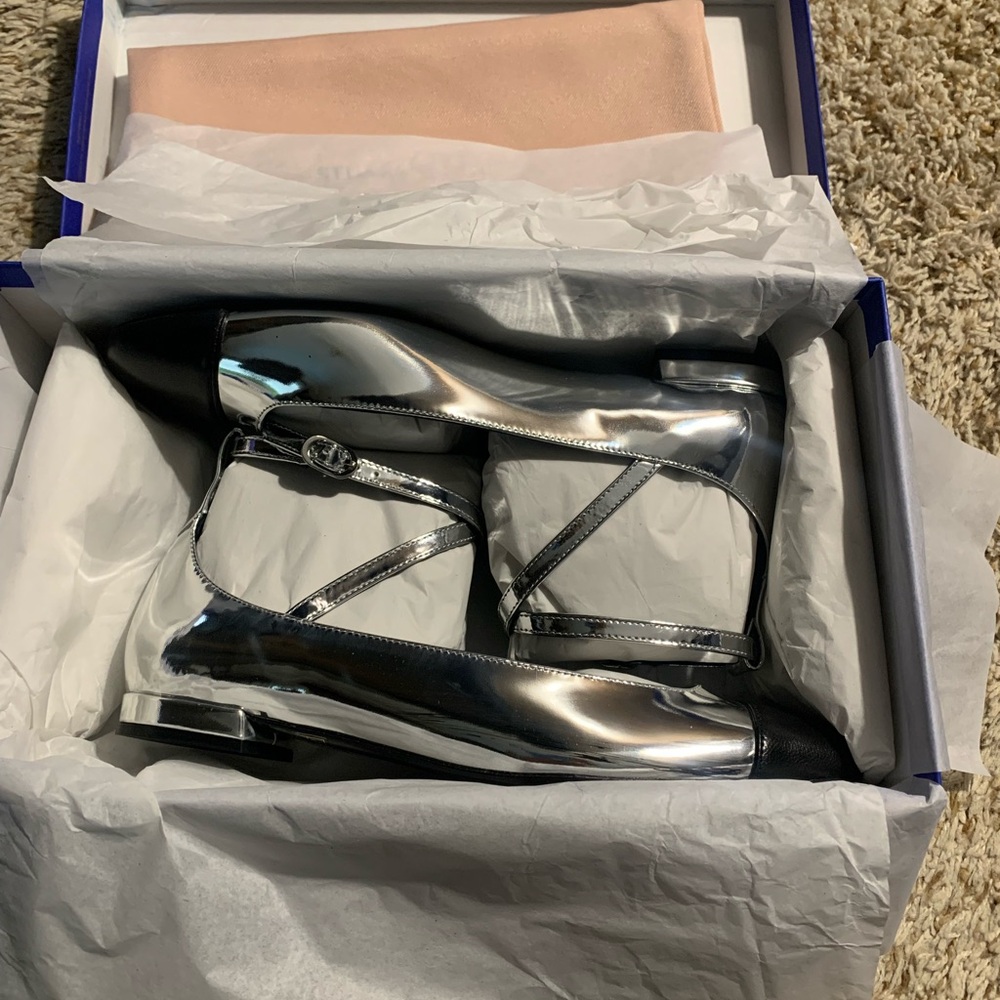 Stuart Weitzman Silver and Black Eden Strap Flats